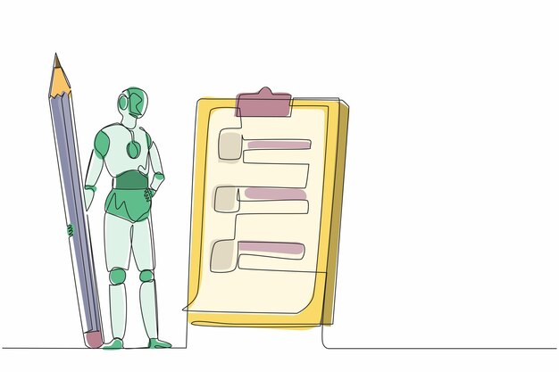 Robots dessinant une seule ligne continue tenant un grand crayon et regardant des tableaux d'affichage Technologie robotique