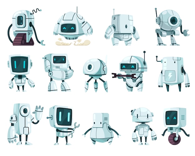 Robots futuristes mignons personnages de dessins animés de différentes fonctions de formes et construction illustration vectorielle isolée