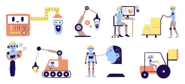 Robots industriels et ensemble d'automatisation de l'intelligence artificielle Une collection de robots travaillant dans divers environnements industriels présentant l'automatisation, l'Intelligence artificielle et les opérations d'usine pour les industries modernes
