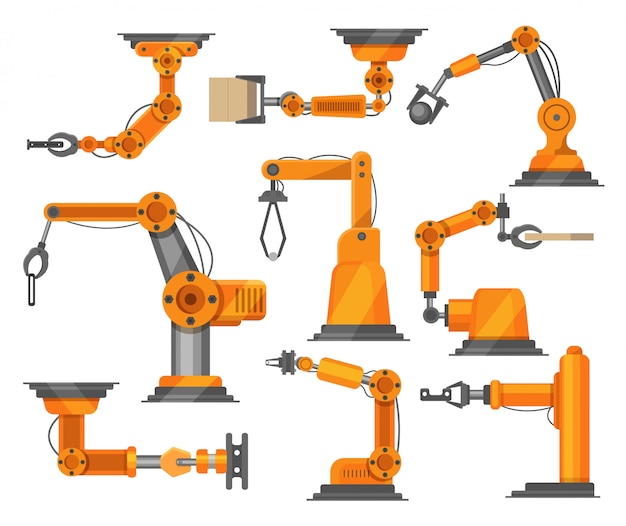 Robots industriels manipulateurs collection illustration robotique isolée sur blanc. Technologie de bras robotisé.