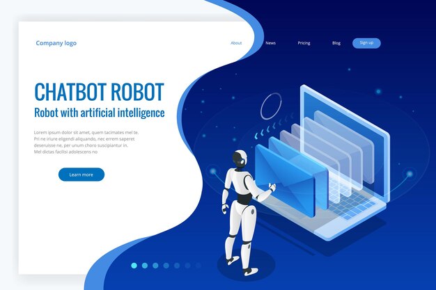 Robots isométriques avec intelligence artificielle travaillant avec une interface virtuelle dans les e-mails de chatbot. Message vecteur de texte social de chat en ligne Illustration.