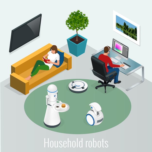Robots Isométriques Travaux Ménagers Et Concept Technologique. Femme Avec Tablette Et Homme Avec Ordinateur Pc Et Robots à La Maison.