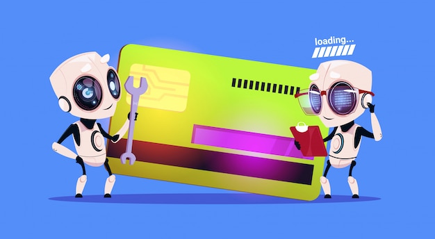 Vecteur des robots modernes se tenant au-dessus d'une carte de crédit lisant des documents et tenant une clé concept de paiement de technologie robotique