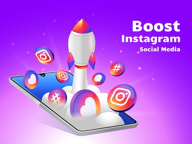 Vecteur rocket boostant les réseaux sociaux instagram avec un smartphone
