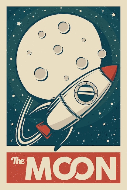 Vecteur rocket space exploring the moon signage poster retro rustic classic