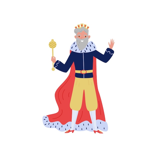 Vecteur roi aux cheveux gris en manteau d'hermine rouge debout avec le sceptre conte de fées ou médiéval européen