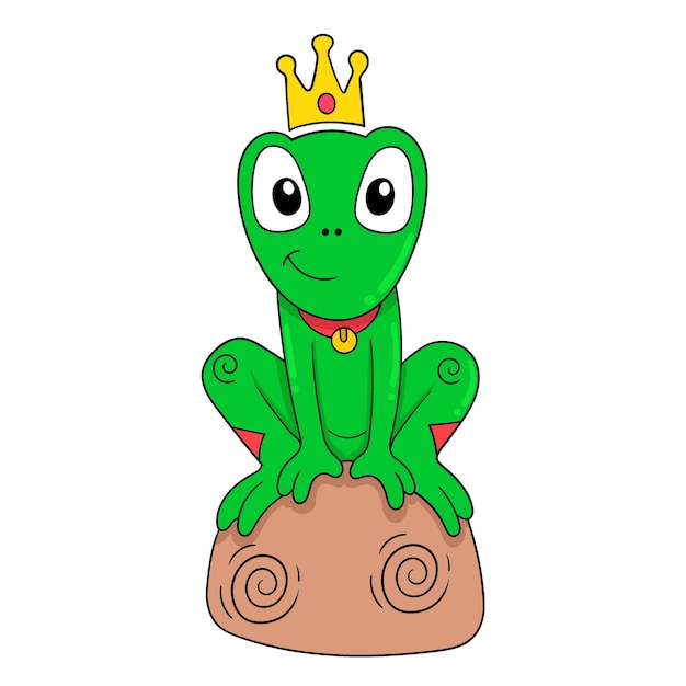 Le roi grenouille verte est assis sur le trône de la sagesse doodle icône image kawaii