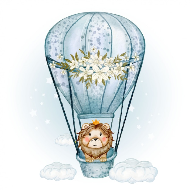 Roi Lion Mignon Volant Avec Illustration Aquarelle De Ballons à Air Chaud