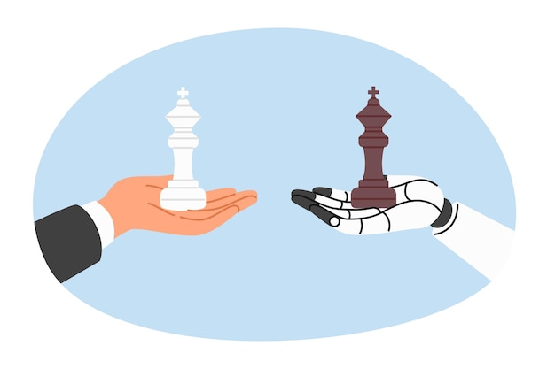 Vecteur rois d'échecs dans les mains d'humains et de robots en compétition en matière de planification stratégique et de connaissances de gestion