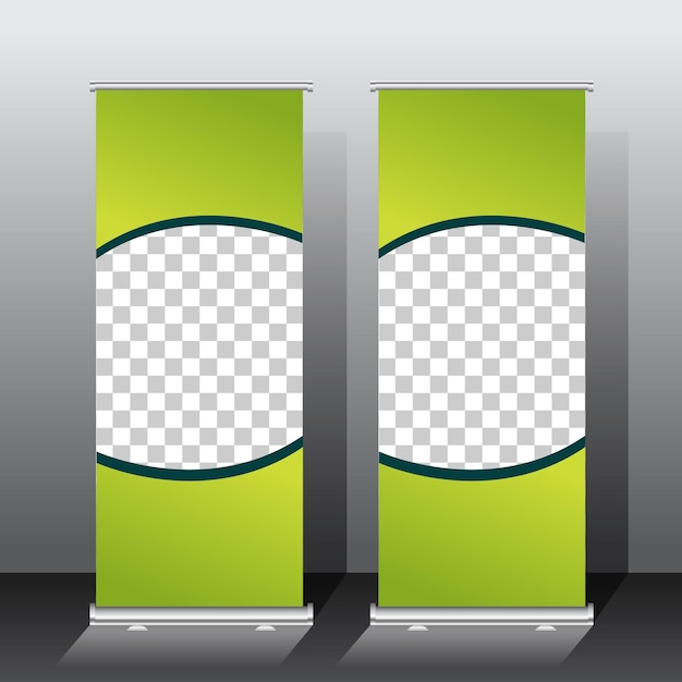 Roll up banner template design green color scheme pour la présentation ou la promotion avec l'illustration vectorielle de l'image de l'espace