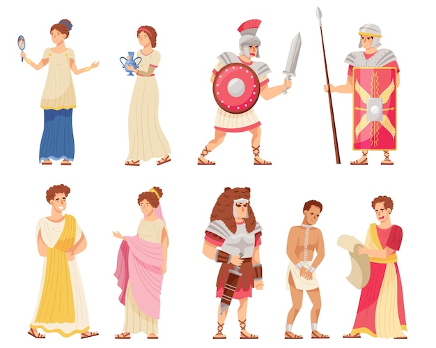 Romains Homme et femme en vêtements ethniques traditionnels avec un guerrier et un empereur Set d'illustrations vectorielles