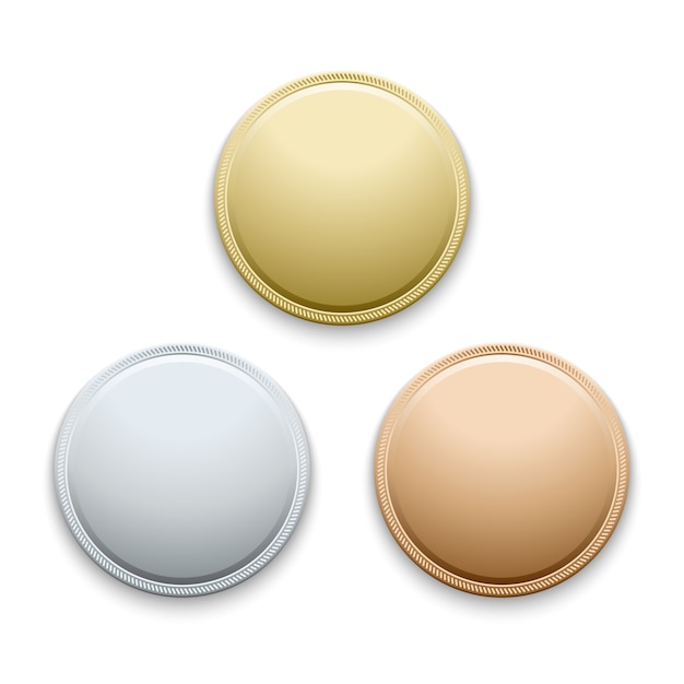 Vecteur rondes polies vides or, argent, bronze, médailles, modèle de pièces