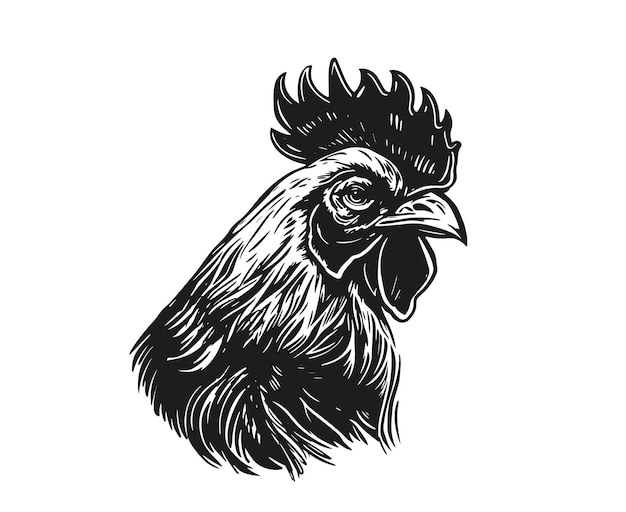 Rooster039s tête vecteur croquis dessin au trait noir sur blanc