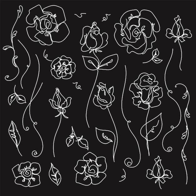 Rose ligne continue ensemble roses de jardin contour croquis doodle style art abstrait