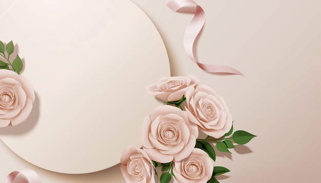 Rose de papier avec fond rond en illustration 3d