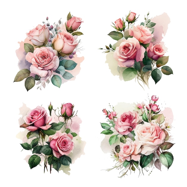 Rose poussiéreux blush blanc et fleurs roses crémeuses conception vectorielle bouquets de mariage verdure d'eucalyptus