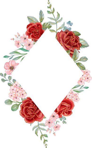 Rose rouge avec cadre en diamant floral aquarelle Gold Line Éléments floraux luxueux arrière-plan botanique ou fond d'écran imprimés et invitations et cartes postales