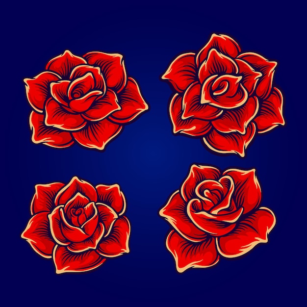 Rose Set Red Flowers Illustrations Vectorielles Pour Votre Travail Logo, T-shirt De Mascotte, Autocollants Et Conceptions D'étiquettes, Affiche, Cartes De Voeux, Entreprise Ou Marques Publicitaires.