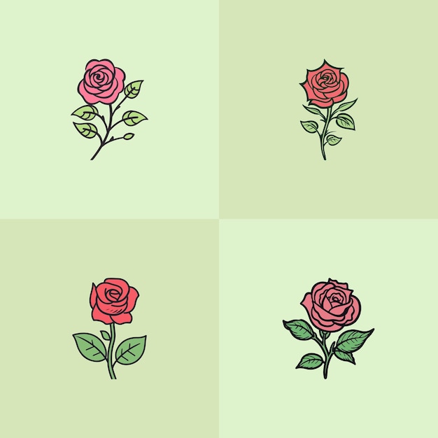 roses, ensemble, plat, conception, vecteur, icône