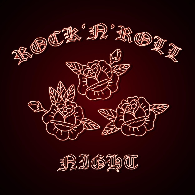 Vecteur roses fluo et conception d'impression de citation rock and roll pour t-shirt
