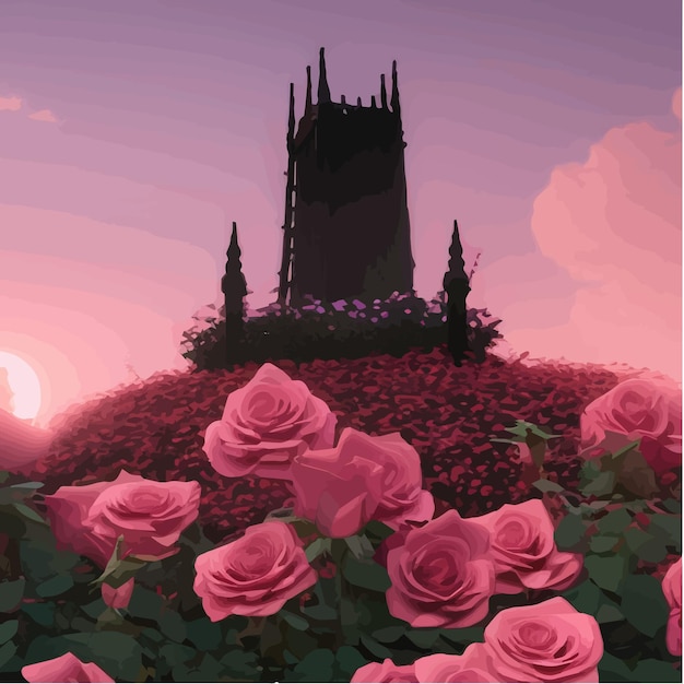 Roses Rouges De Champ Fabuleux Sombre Et Tour Mystérieuse Sur Fond D'image Fantastique De Lune Brillante