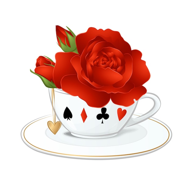 Vecteur roses rouges dans une tasse. collection pays des merveilles