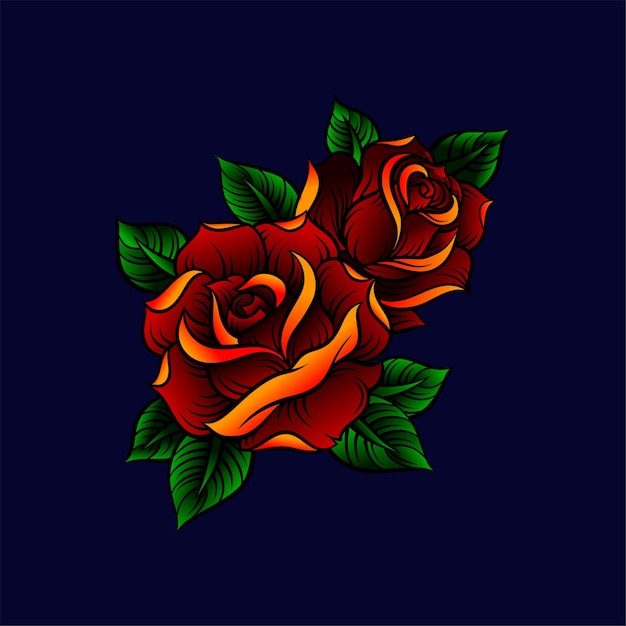 Roses Rouges Avec Vecteur De Dessin Floral Feuilles Vertes Illustration Sur Fond Bleu Foncé