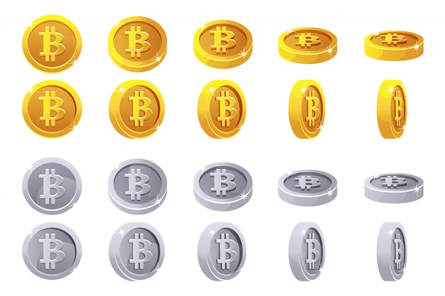 Vecteur rotation d'animation pièces d'or et d'argent 3d bitcoin. monnaies numériques ou virtuelles et espèces électroniques.