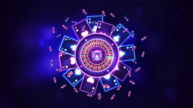 Vecteur roue de roulette de casino néon rose brillant avec jetons de poker et cartes à jouer dans la vue de dessus de scène vide sombre arrière-plan pour vos arts