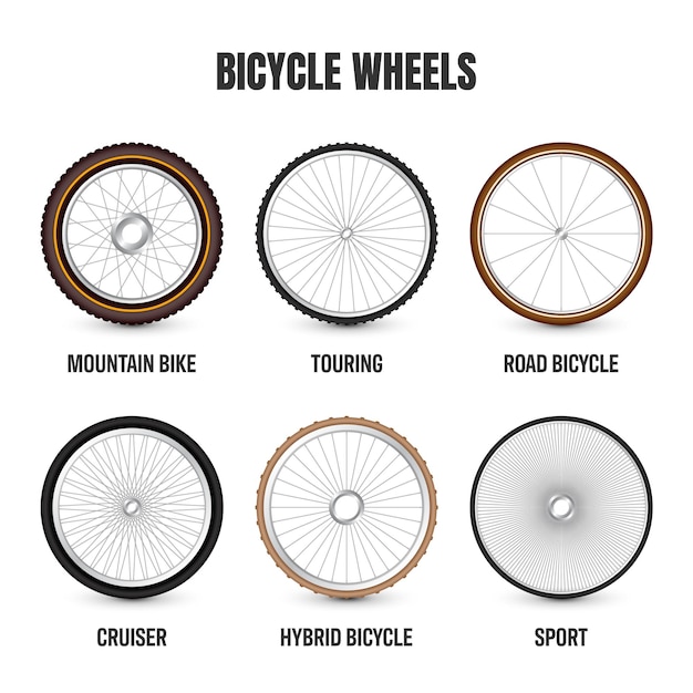 Vecteur roues de vélo réalistes d rétro pneus en caoutchouc de vélo vintage rayons métalliques brillants et jantes cycle de fitness