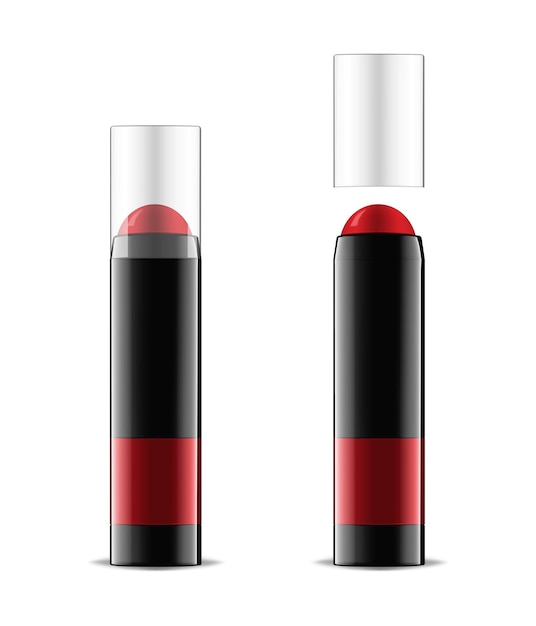Vecteur rouge à lèvres rouge ou fard à joues en tube noir avec capuchon transparent lèvres ou joues rouges ouvertes et fermées