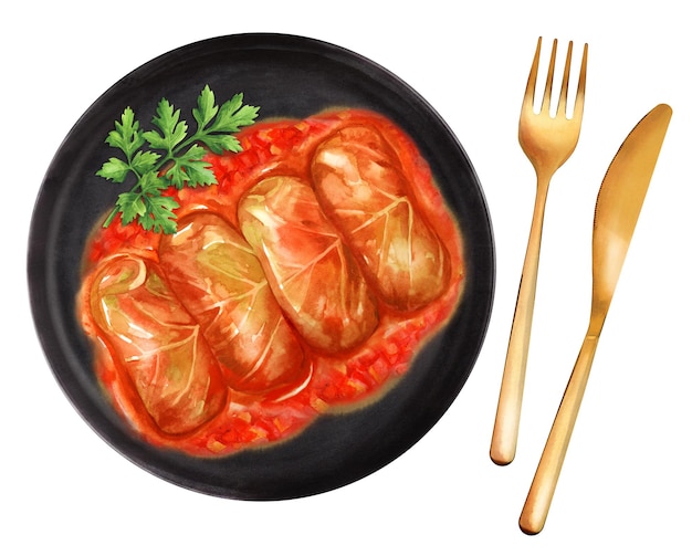 Rouleau de chou farci avec de la viande hachée et du riz sur une assiette noire Illustration en aquarelle