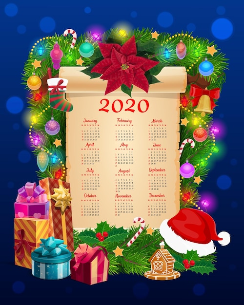 Vecteur rouleau de papier calendrier année avec guirlande de noël