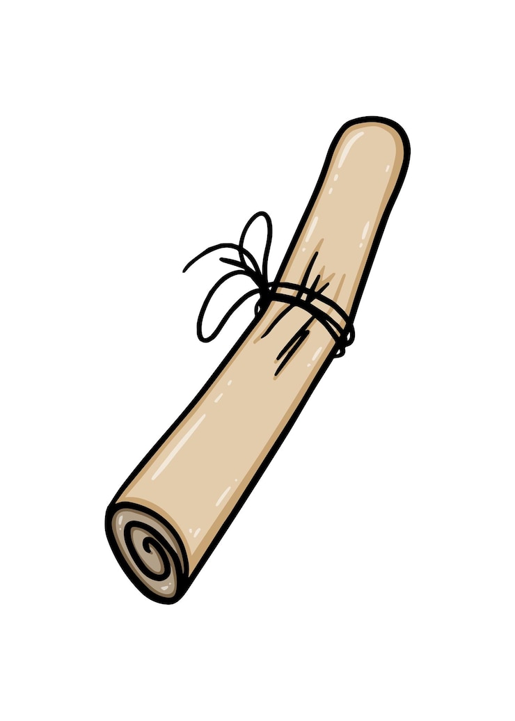 Vecteur rouleau de papier papyrus tordu attaché avec un livre de coloriage de dessin animé linéaire doodle de corde