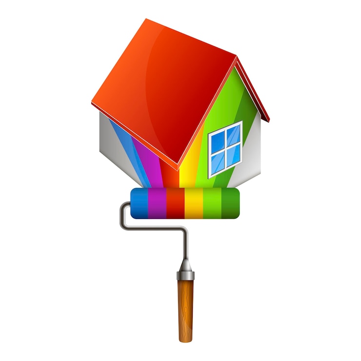 Vecteur un rouleau avec de la peinture colorée et un panneau de maison pour la peinture et la réparation
