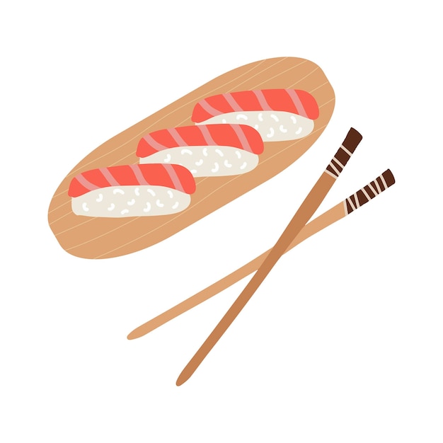 Rouleau de sushi au saumon et baguettes. Illustration vectorielle dessinée à la main mignonne. Cuisine asiatique, cuisine asiatique