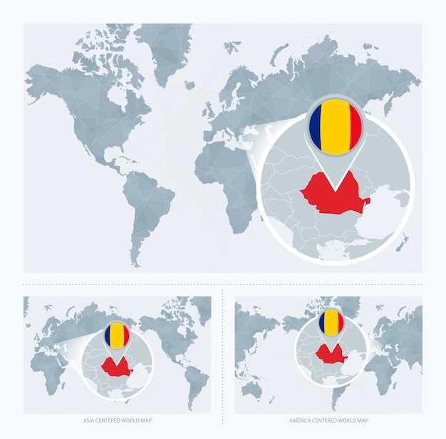 Vecteur roumanie agrandie sur la carte du monde 3 versions de la carte du monde avec drapeau et carte de la roumanie