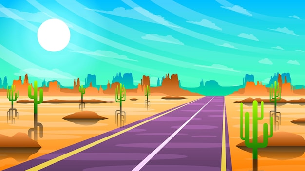 Vecteur route de ciel abstraite dans la silhouette de fond de désert avec des chameaux de montagnes de route de sable et le vecteur de soleil