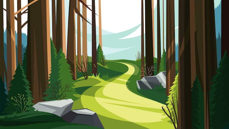 Vecteur route dans la forêt de printemps. beau paysage naturel.