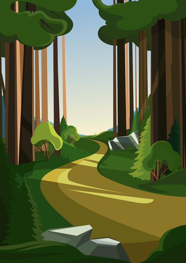 Vecteur route en forêt d'été. paysage naturel en orientation verticale.