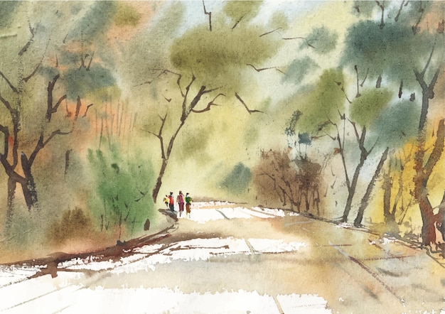 Route De Marche Dans Le Village Avec Une Belle Aquarelle De La Nature