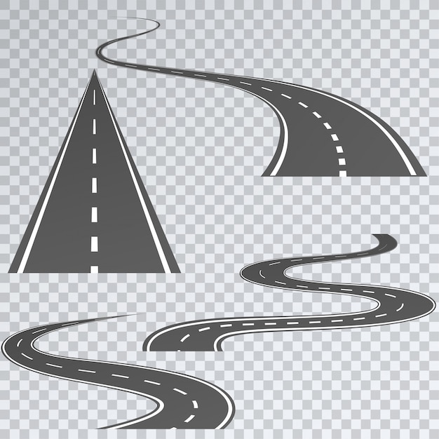 Vecteur route avec des rayures blanches sur un plaid, définir des itinéraires courbes
