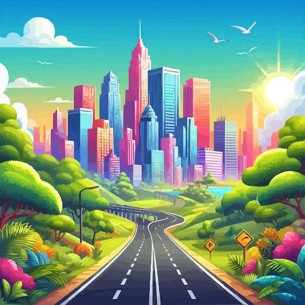 Route Vers La Ville Avec Des Gratte-ciel Colorés Et Une Belle Illustration Vectorielle Du Paysage D'été