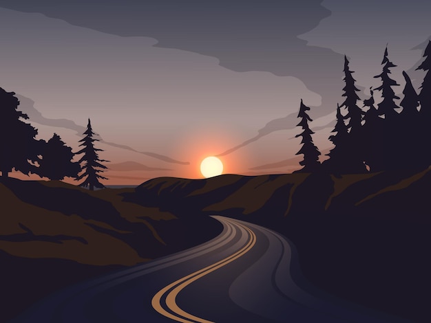 Route Vide Au Coucher Du Soleil Avec Forêt