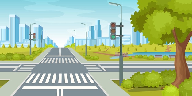 Route de la ville avec feux de croisement, route de circulation urbaine, trottoir, passage pour piétons