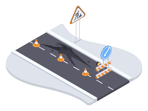 Route De La Ville Fissurée Isométrique Route Asphaltée De La Ville Urbaine En Construction Route Clôturée Avec Des Panneaux De Signalisation Et Des Barrières De Sécurité Illustration Vectorielle 3d Section De Route Dangereuse