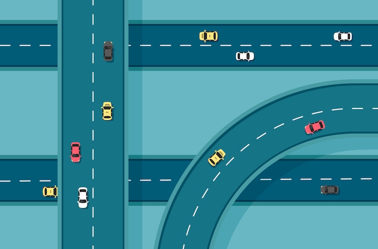 Vecteur route vue de dessus avec différentes voitures. autoroute et jonction d'autoroute. infrastructure de la ville avec des éléments de transport. illustration dans un style plat moderne.