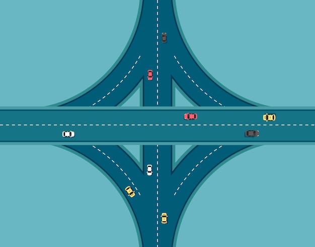 Vecteur route vue de dessus avec différentes voitures. autoroute et jonction d'autoroute. infrastructure de la ville avec des éléments de transport. illustration dans un style plat moderne.