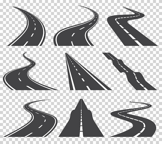 Routes vectorielles set de vecteur. Route ou route goudronnée et route en courbe. Route sinueuse sinueuse ou route avec marquage