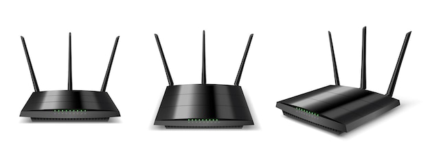 Routeur Wifi avant haut et vue d'angle maquette modem d'appareil domestique réaliste noir avec trois antennes